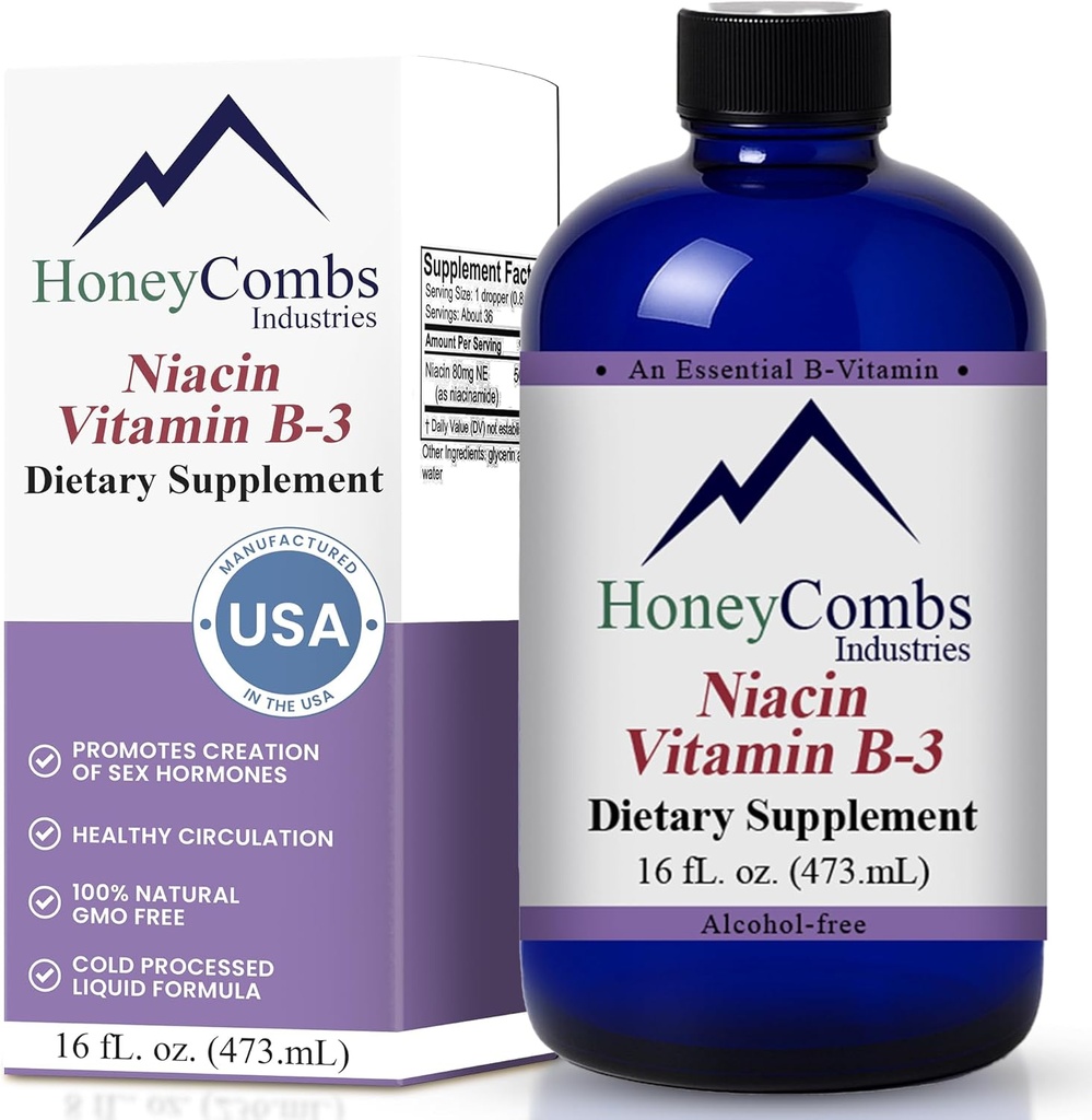 HoneyCombs 维生素B3 Niacin 补充液体滴 - 高发性维生素B3 男女液体滴 - 维持消化系统,皮肤,舌头,能量和更多 - Vegan Niacin 滴 (16 Fl oz)