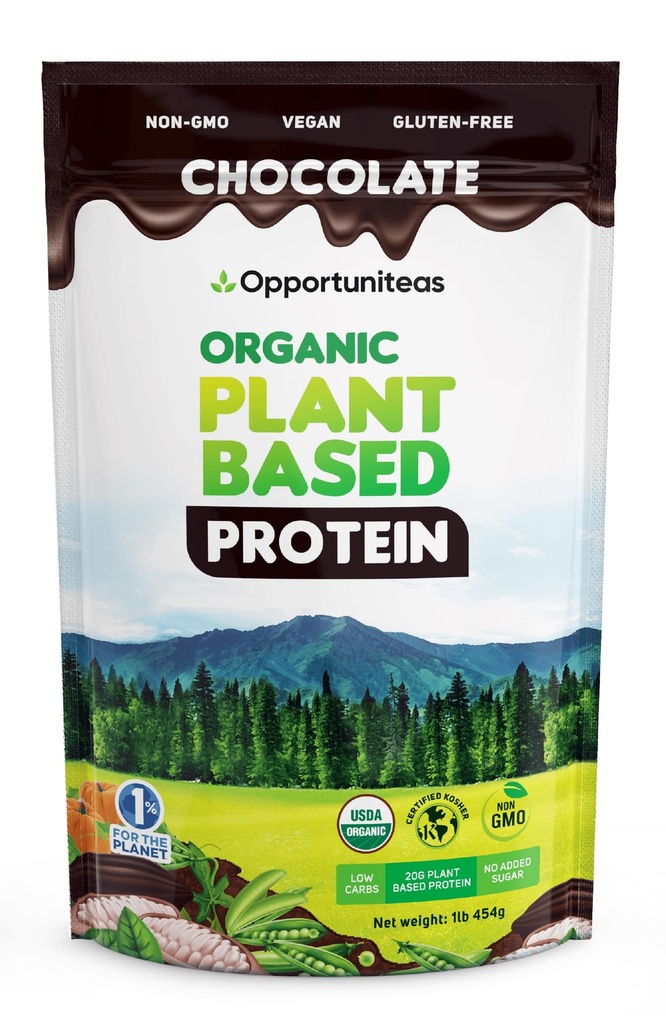 Opportuniteas 有机植物基蛋白粉,20g Vegan 蛋白质产自皮亚,南瓜,以及水稻,无糖,非GMO,无糖,巧克力,1磅
