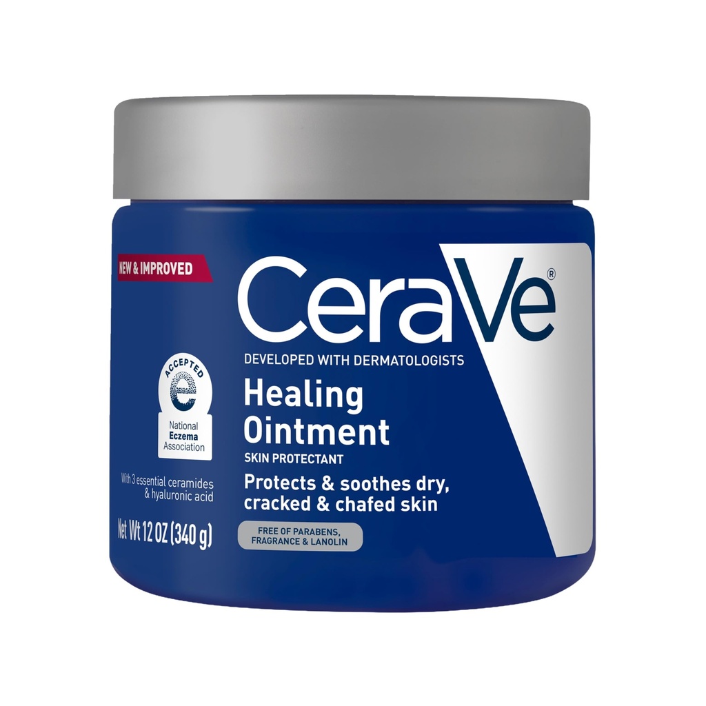 CeraVe 愈合膏、用汽油加热皮肤保护剂、Hyaluronic Acid & Ceramides、面部和身体皮肤障碍物修理裂缝、沙菲德、干皮、无花纹和拉诺林,12 Oz