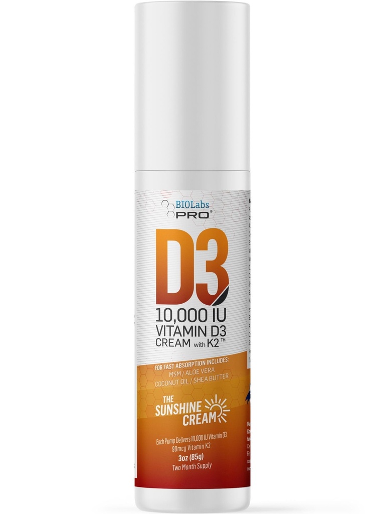 BIOLABS PRO 所有天然维生素 D3 1000IU 维生素D 奶油 - 最大强度 - 自然对抗维生素D 缺陷 - 维生素K2 & 橄榄叶提取 - 安全有效 (10,000IU - 3.0oz)