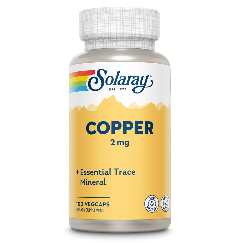 Solaray铜 2 mg → 健康红血球形成、免疫和神经功能支持 → 非GMO → 100厘米
