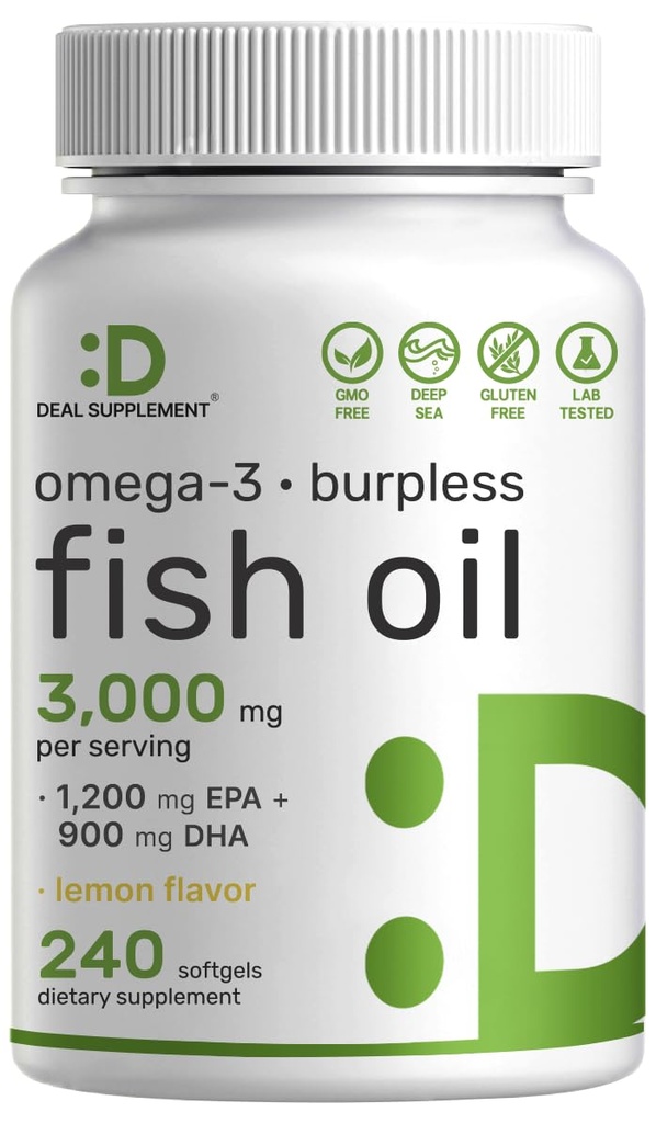 DEL Supplement Omega 3 鱼油补充剂,每架3000mg,240 Softgels – EPA 1200mg + DHA 900mg – Burpless Pills, Lemon Flavored, Wild Caught – 大脑和心脏支持 – 水星无水,非GMO