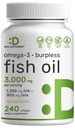 DEL Supplement Omega 3 鱼油补充剂,每架3000mg,240 Softgels – EPA 1200mg + DHA 900mg – Burpless Pills, Lemon Flavored, Wild Caught – 大脑和心脏支持 – 水星无水,非GMO