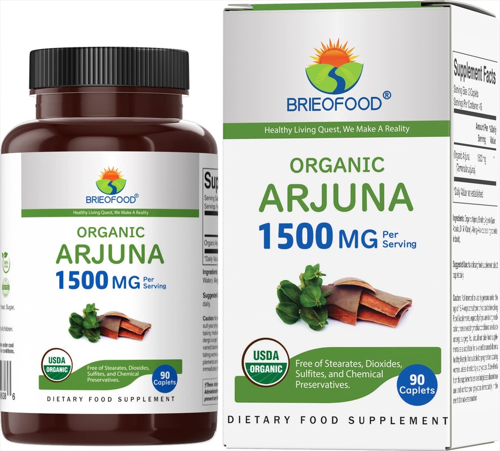 Brieofood Organical Arjuna 1500mg, 45 services, 蔬菜, Gluten Free, 90 蔬菜片