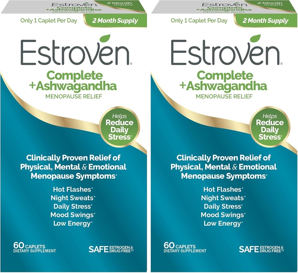 Estroven Complete + Ashwagandha 女性多节期更年期补充剂 -- -- 临床证明的配料提供更年期救济和夜间汗水+热闪光救济* -- -- 4个月供应(包2)