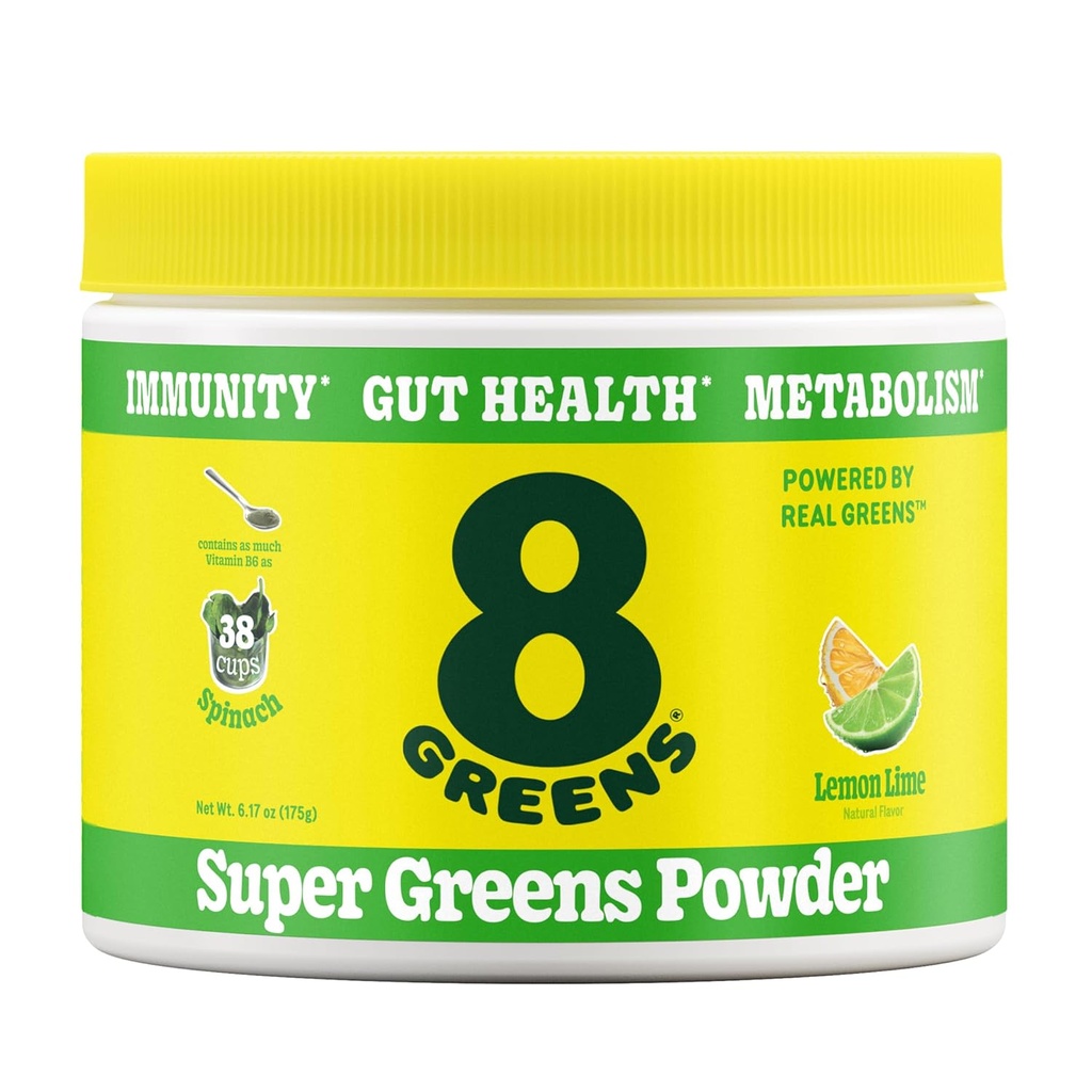 8 Greens Super Greens Powder + Prebiotic & Probiotic Blend 超食品促进古特健康,代谢, Debloating, 与纤维,消化酶,有机:螺旋菌,氯菌,柠檬液, 25种服务