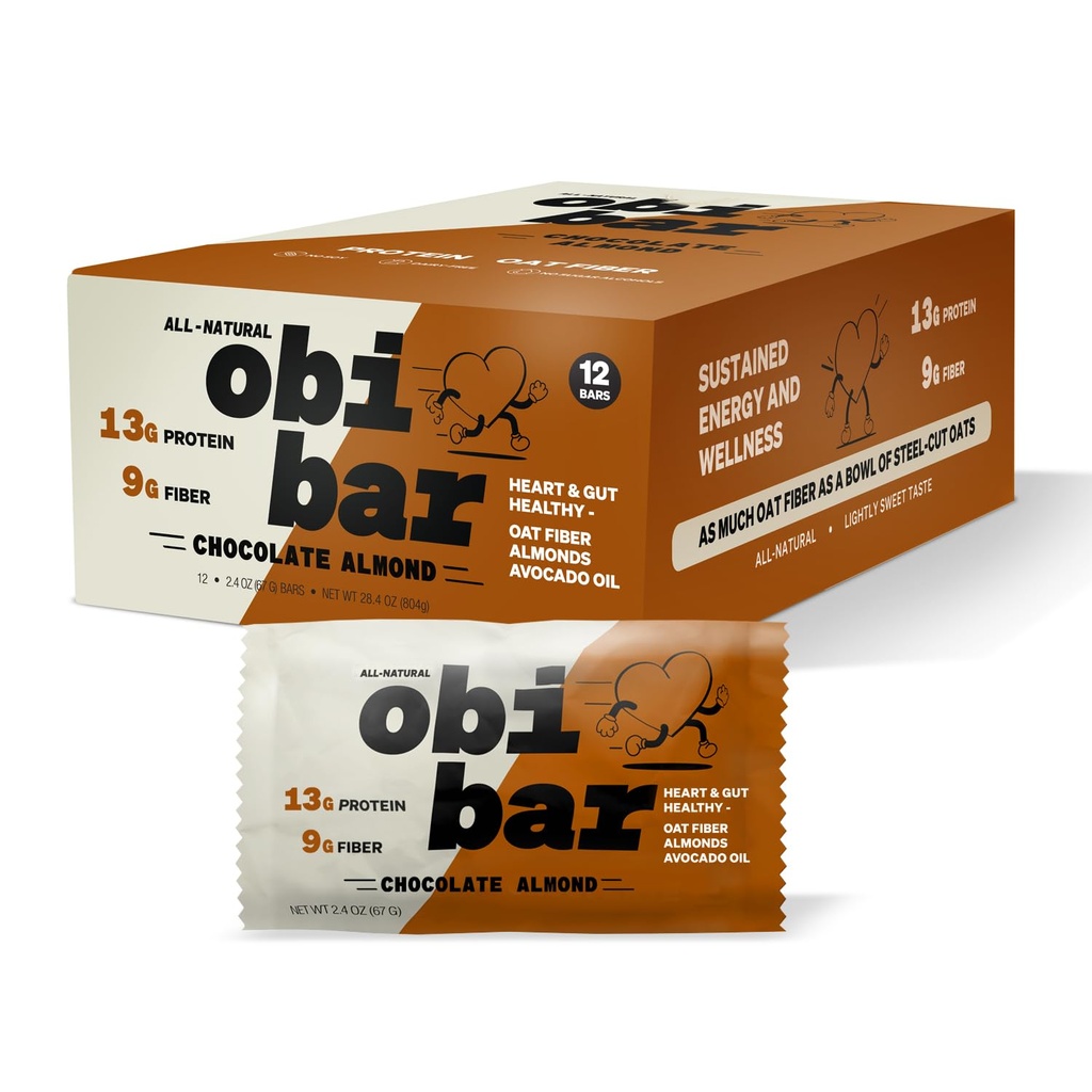 Obi Bar 巧克力杏仁 - 蛋白质和Oat Fiber Bar – 全天然耐用能源 – 淡甜味可可 – 100% 杏仁春克 – MADE 与 AVOCADO OIL → 蛋白蛋白 → 免奶油 不含糖醇 不含种子油 → 2.4oz, 12 pack