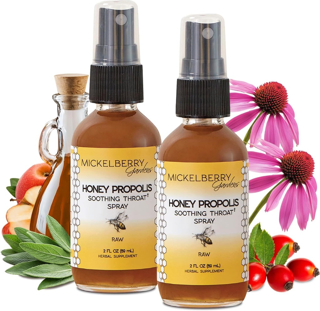 Mickelberry Gardens Honey Propolis Throat Spray - Soothing Sore Throat Relief & Propolis Immune 支持成人和孩子 - 草药和蜂蜜配方(2 oz, 2 Pack)