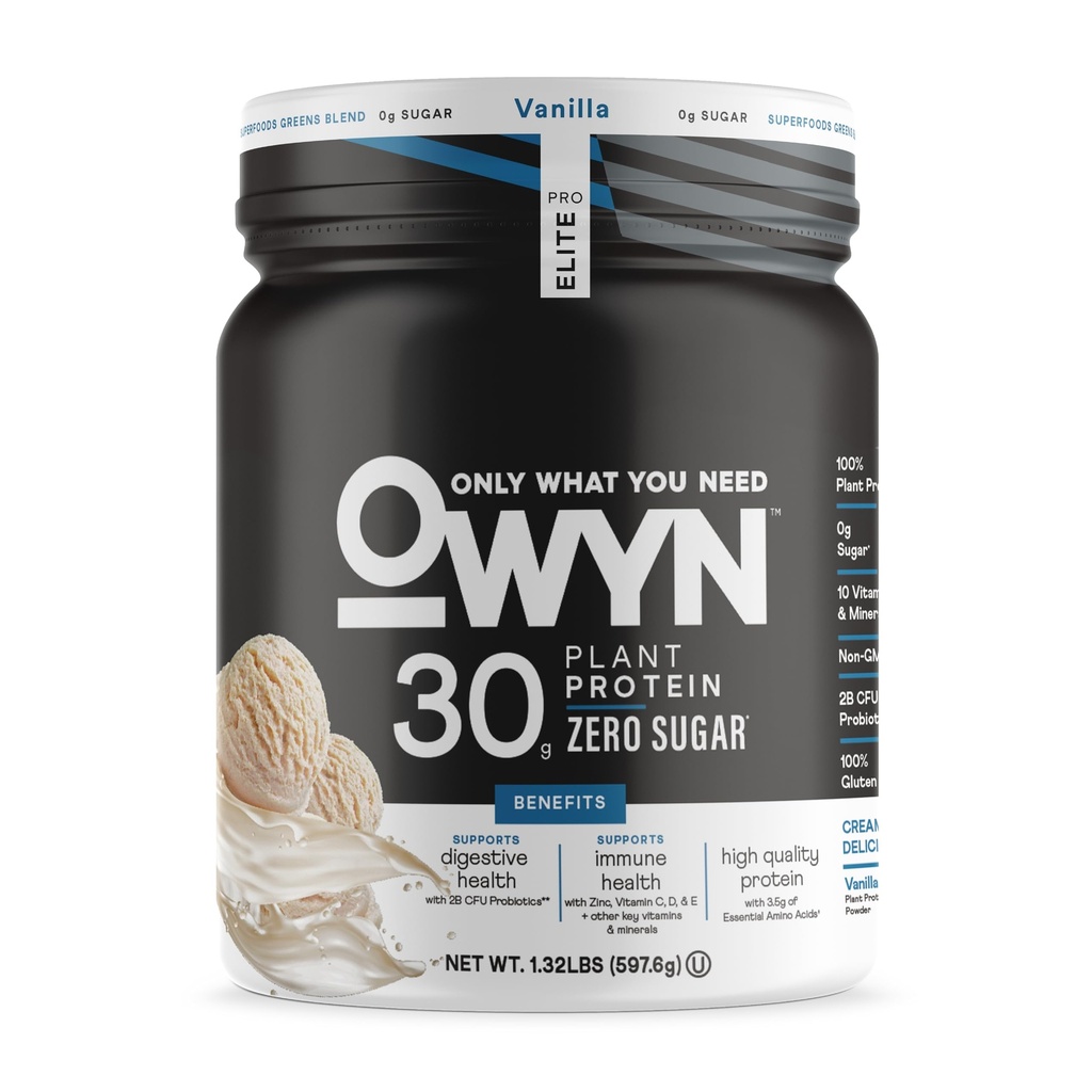 OWYN 只有你需要的 Pro Elite 高蛋白粉 30g Vegan 蛋白质用于健身恢复 美味的平滑口感 零糖 低网卡布 香草 12种服务(1.32 LB)