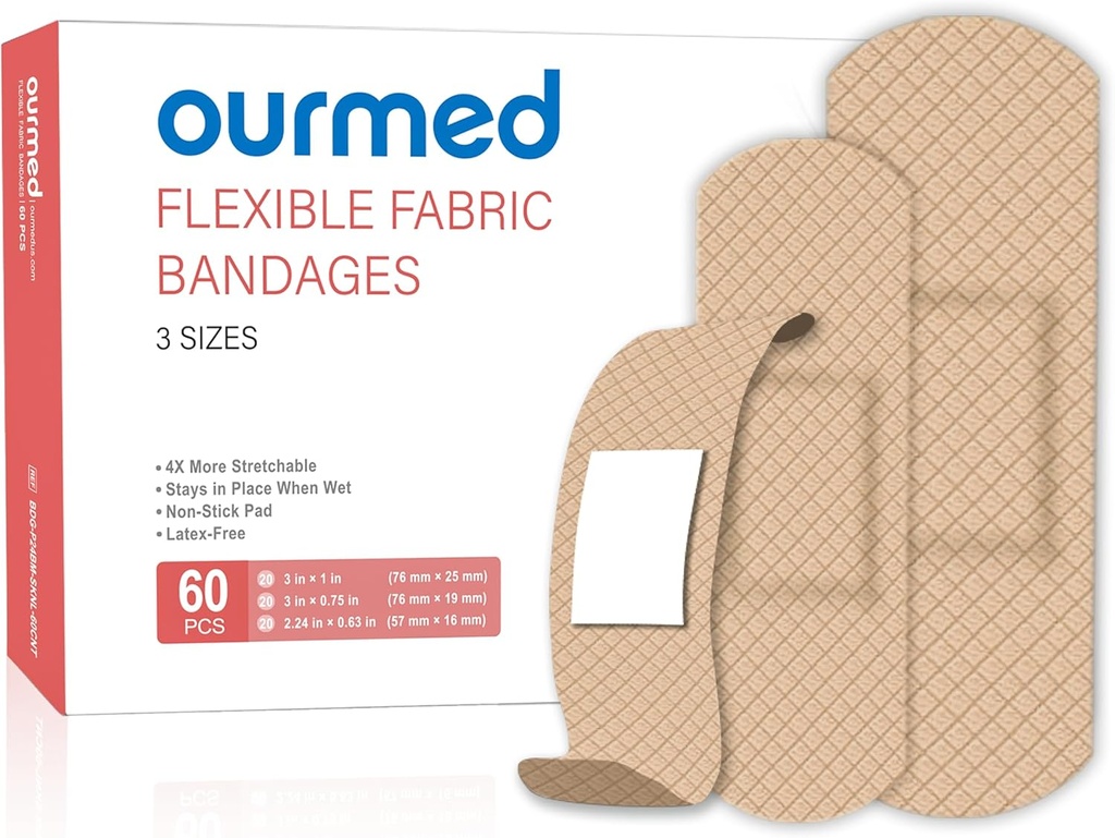 柔软的Fabric Adhesive Bandages,60 Counter, Latex Free First Aid Bandage with Non-Stick Pad for 伤病护理,切片,碎片,布列斯特,各类大小