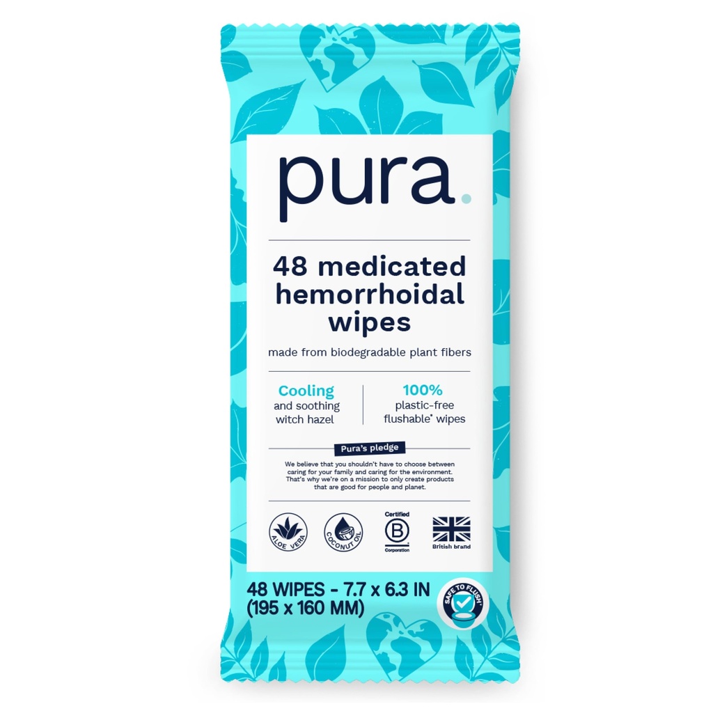 Pura 易流性出血性擦拭 XL, 48 计数, 配以凉爽巫婆 Hazel, Aloe & Coconut Oil, Fast Relief, Fragrance - Free, 100% 塑胶无毒