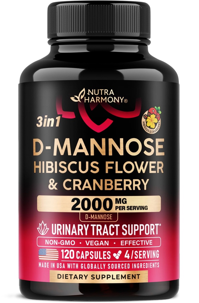 D-Mannose 2000mg 配有 Cranberry & Hibiscus - 尿道切除术临床测试的强度 - 女性补充 - Bladder, Liver & Microflora 支持 - 在美国制造 - Vegan, 120 Capsules