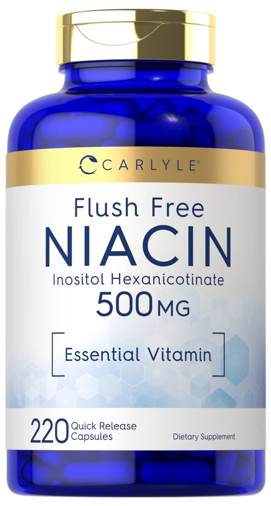 Carlyle Niacin Flush Free 500mg 220 Capsules 非GMO和Gluten 免费基本维生素