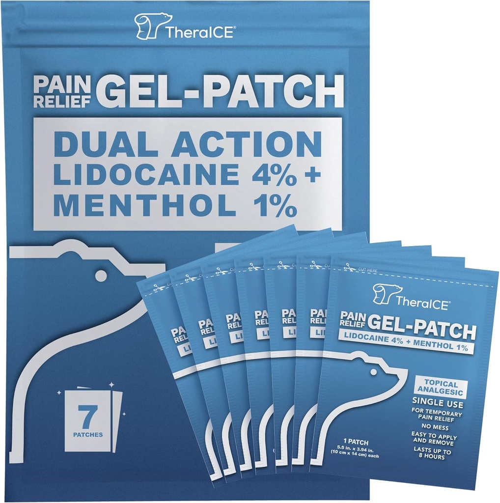 TheraICE Lidocaine Patches Plus Menthol — 最大强度热量和ICY冷缓解后背、颈部和肩部疼痛 — 4% Lidocaine + 1% Menthol, 大尺寸(7个计)