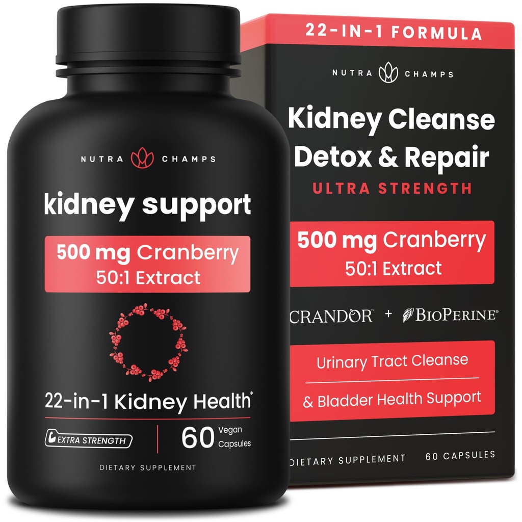 肾脏清洁解毒 22-in-1 肾脏支持补充 2.5万mg Cranberry Pills 提取 + 超强修复和Flush Premium 公式 + 尿道切除 女性和男性健康 → 60 Vegan Capsules