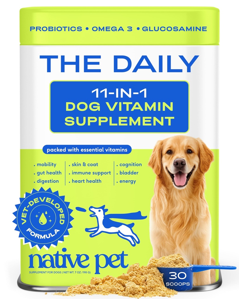 原生宠物狗维生素和补充剂 - 11-in-1 多维特敏粉用于狗食品Topper - Collagen, Glucosamine, Probiotics, Omega & More-支持健康胶, 流动和整体健康 - 30 Scoops