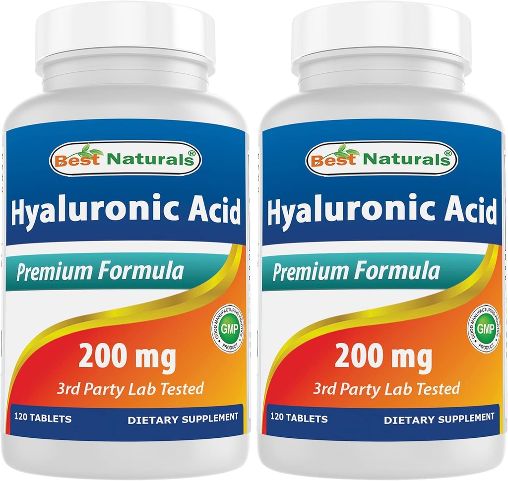 Best Naturals Hyaluronic Acid 200 mg 120 片(非GMO,无葡萄糖) - 推广青春健康皮肤与健康联合功能(120个计数(2包))