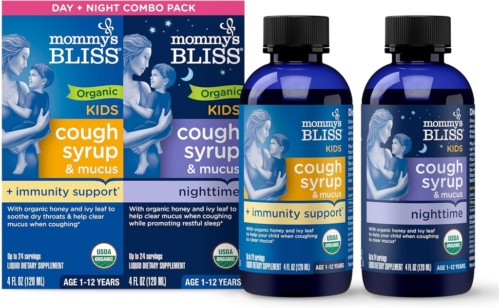 妈咪的Bliss有机 Cough Syrup & Mucus for Kids, 日夜Combo 包,配有维生素C和豁免支持, 包含有机蜂蜜和常春藤叶, 4 Fl Oz (Pack of 2)