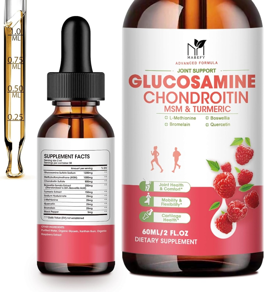 Glucosamine Chondroitin MSM 液滴-w/Turmeric Boswellia Quercetin Bromelain-Vegan, 反氧化剂支持后置,膝盖,手-联合支持补充支持健康关节,移动和卡蒂拉奇