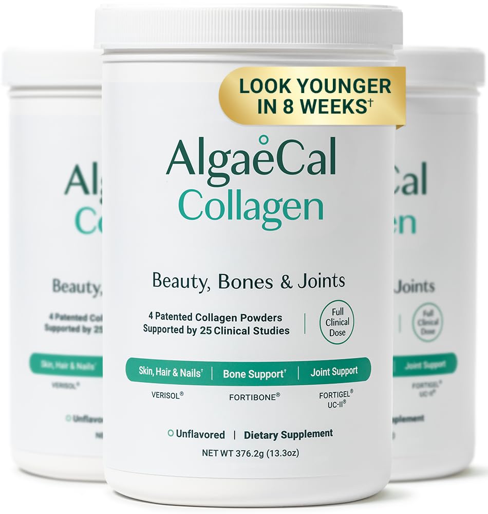 ALGAECAL Collagen - 4 临床支持的Peptides VERISOL®,FORTIGEL®,UC-II®,FORTIBONE®,抗老化水解Collagen粉,3包,美国制造