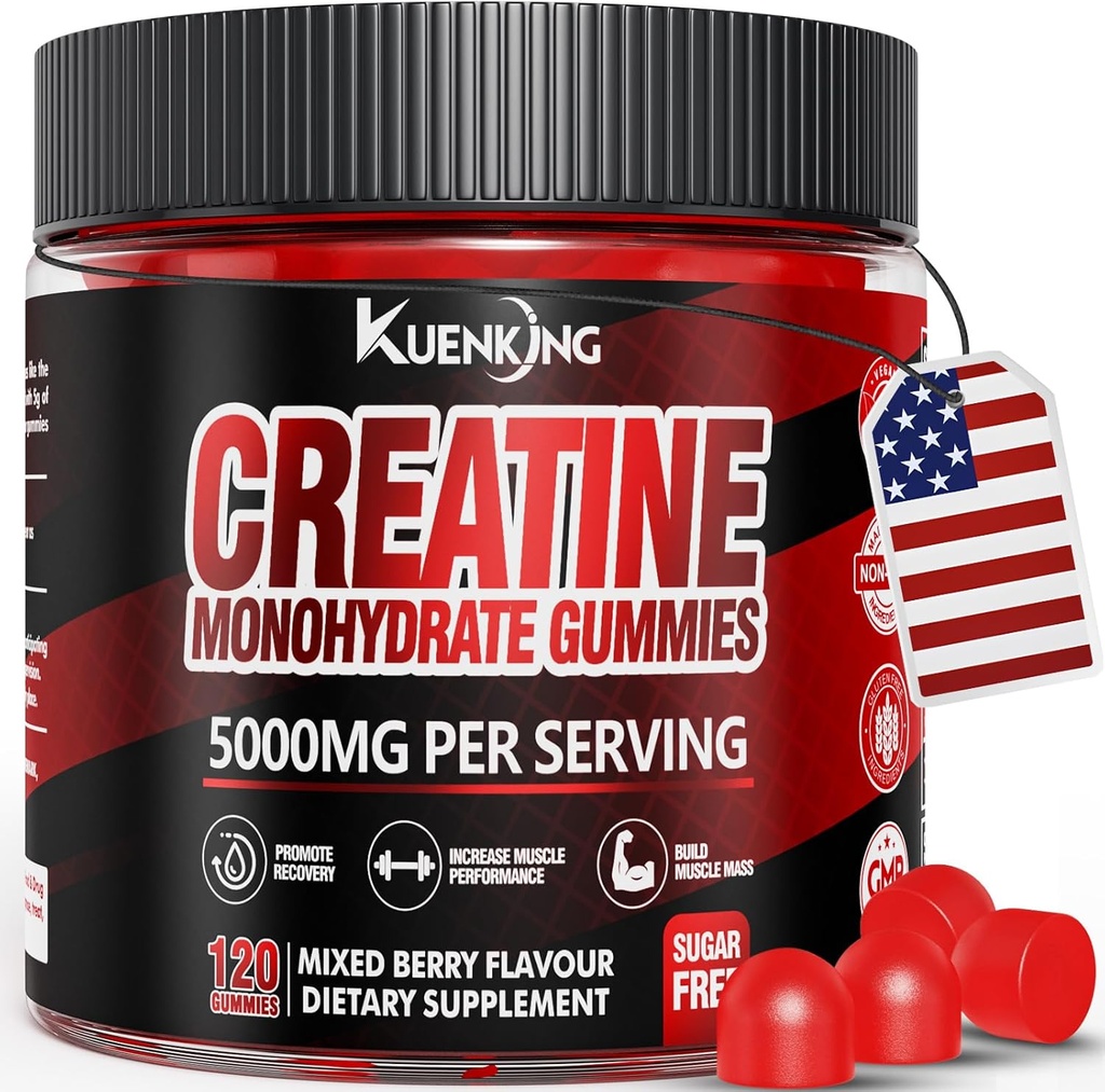 男子和女子胆汁单水合金 男子和女子无糖Vegan Creatine Gummys 5g 肌肉强力 能量靴 工作前补充剂 肉眼聚焦和耐力(120个计数)-混合莓
