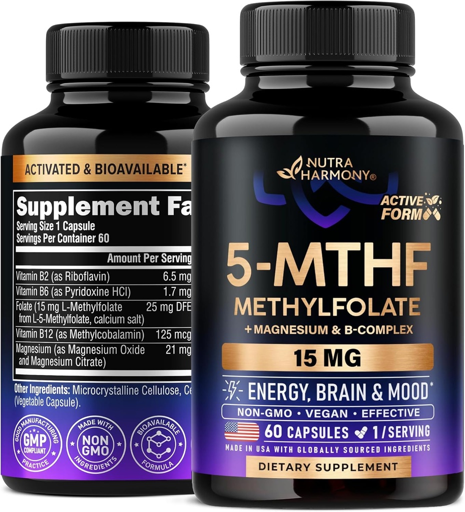 NUTRAHARMONY L 甲基folate 15毫克 - 5-MTHF 甲基folate 补充剂+ 甲基B12,维生素B2和B6, 镁 - 在美国制造,60卡普尔,为期2个月
