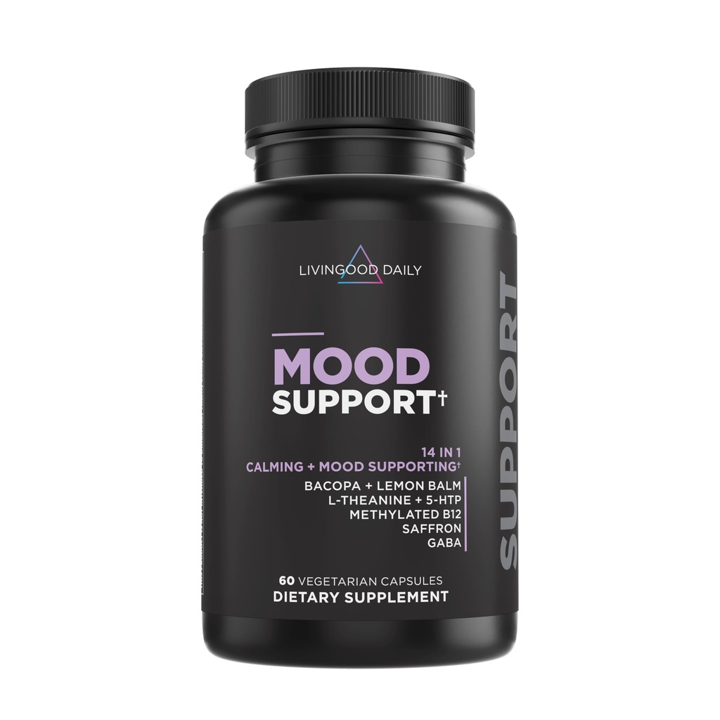 Livingood Daily Mood Support Support Supplor for Women & Men, 14-in-1 配有 L Theanine, 柠檬浆, GABA, Saffron, 5-HTP & B12, 支持焦点与情感健康, Gluten Free, Vegan, 60 Capsules