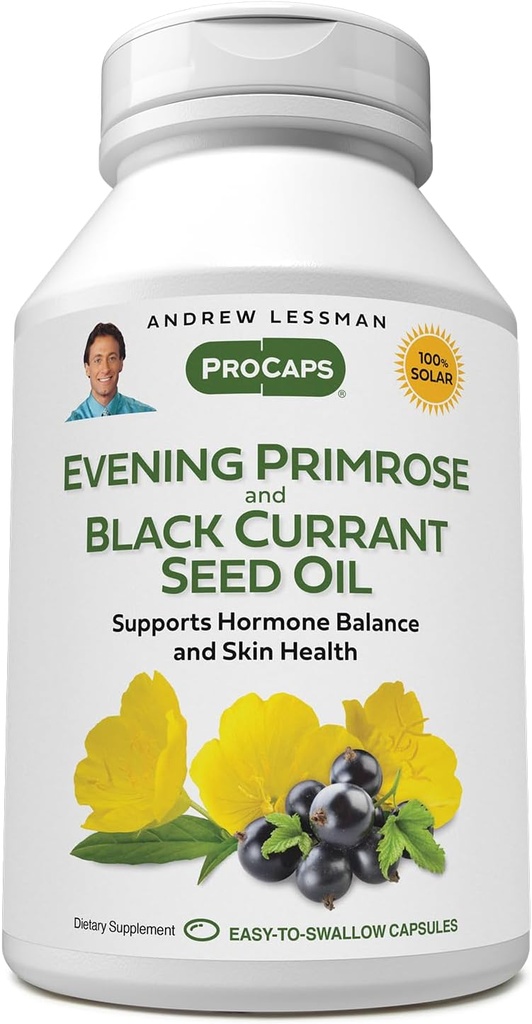 AndreW Lessman Evening Primrose and Black Currant Eil 60 Softgels - Soothes 生理不适和因月经循环而发生泥质挥动,有Gamma-Linolenic,Omega-6脂肪酸,无添加剂
