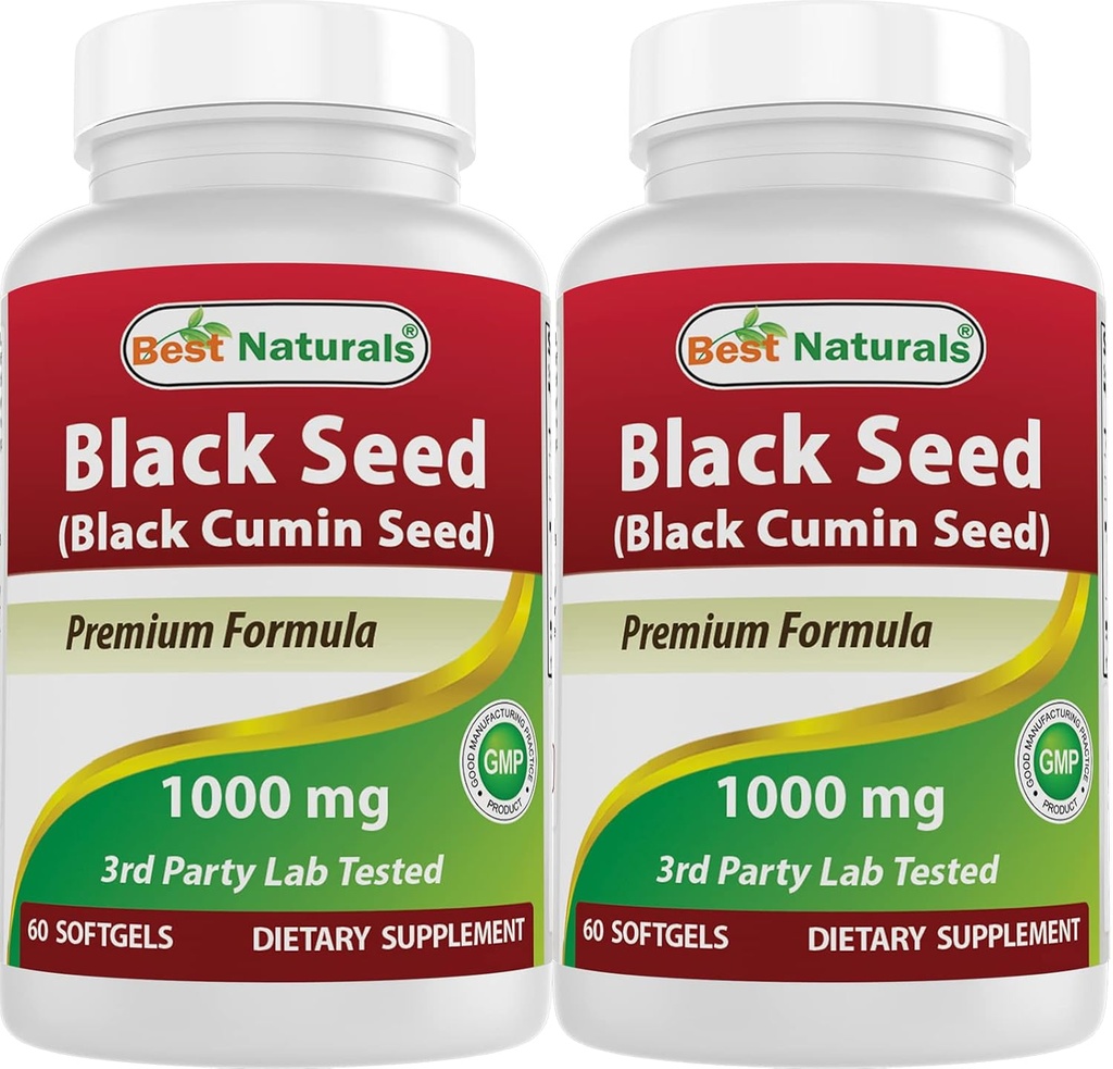 最佳自然2包 黑种子油胶 1000毫克(非GMO) Nigella Sativa - 100% 冷压 黑昆明种子油药 含有Thymoquinoe 60 Counters(总计120软胶)