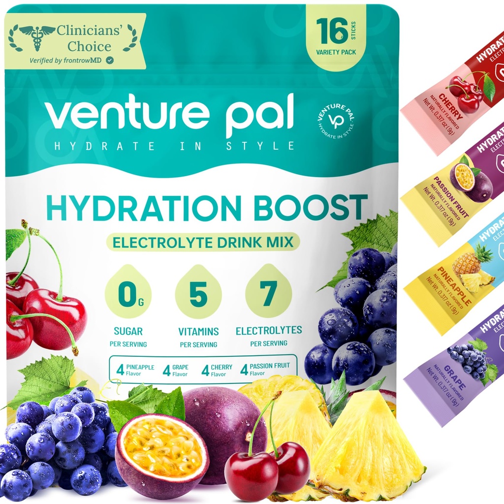Venture Pal Free Electrolyte Power Packets - 液态日报IV 快速水分和党回收的饮料混合 → 5 Vitamins & 7 Electrolytes → Keto Friendly → Kent-GMO → 认证 Vegan → 16棒