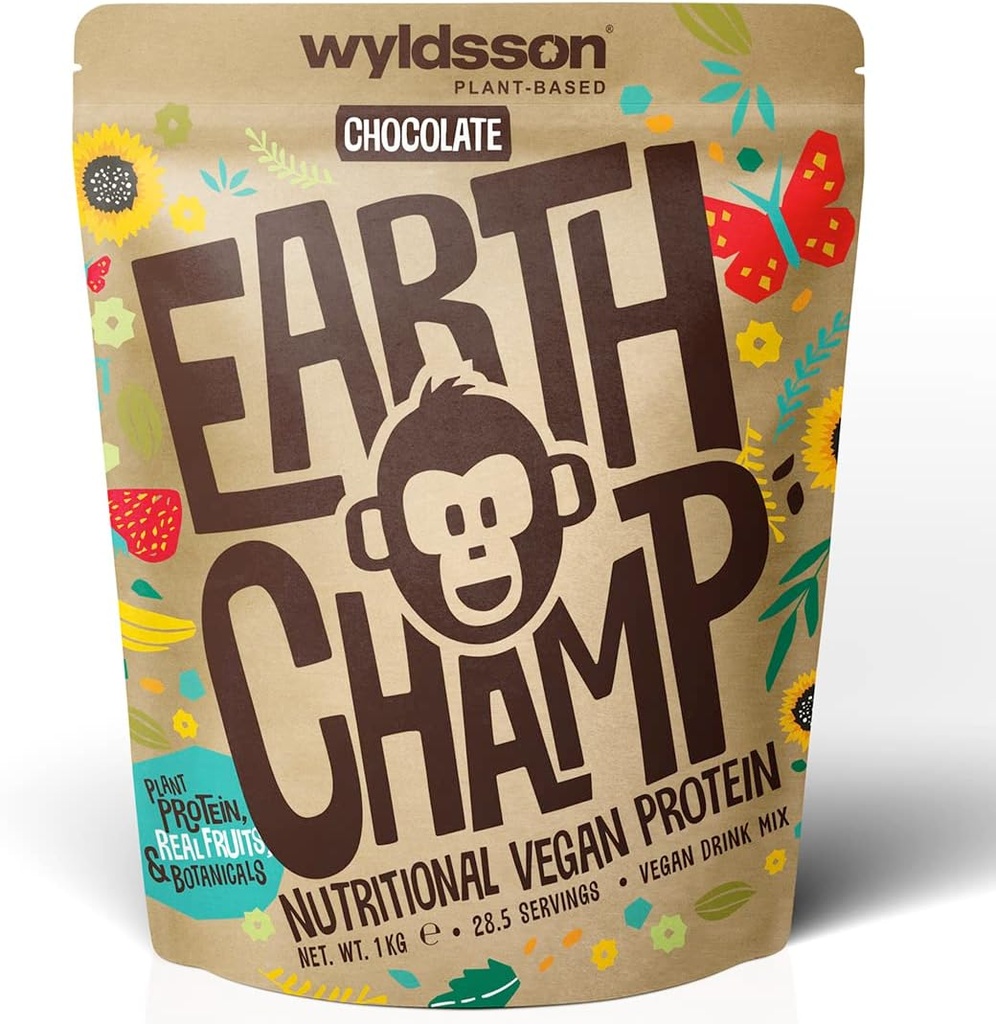 维根蛋白粉(1kg) - 28 services - EarthChamp by Wyldsson - 植物基巧克力蛋白粉摇晃 - 乳品自由 - 乳糖自由(Choc)