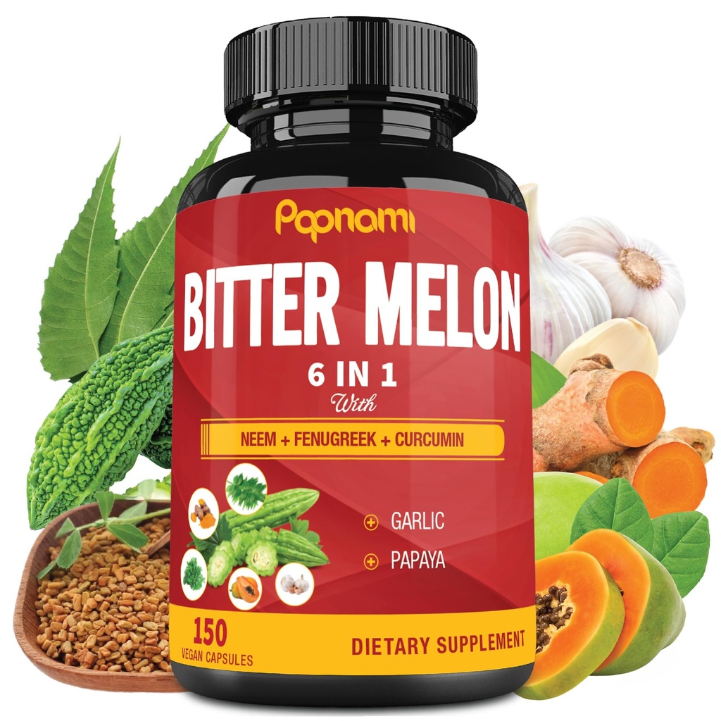 有机苦艾酒(Bitter Melon) Capsules - 结合 Neem, Fenugreek, Curcumin, Garlic & Papaya - 150 5个月计数 - 支持体,消化,皮肤,Immune和整体健康