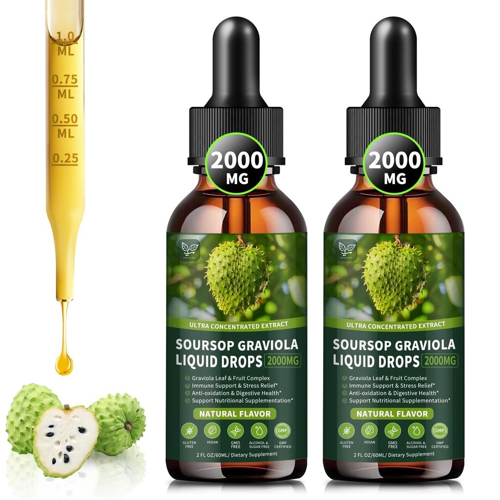 (2 Pack) Soursop Graviola Liquid Drops 2000mg, 98% 为细胞支持和再生吸收, Imune Boost, Liver, Herbal Goodness, Soursop Bitters Liquid-Sugar/Gluten Free, Natural Flavor, 4 Fl Oz
