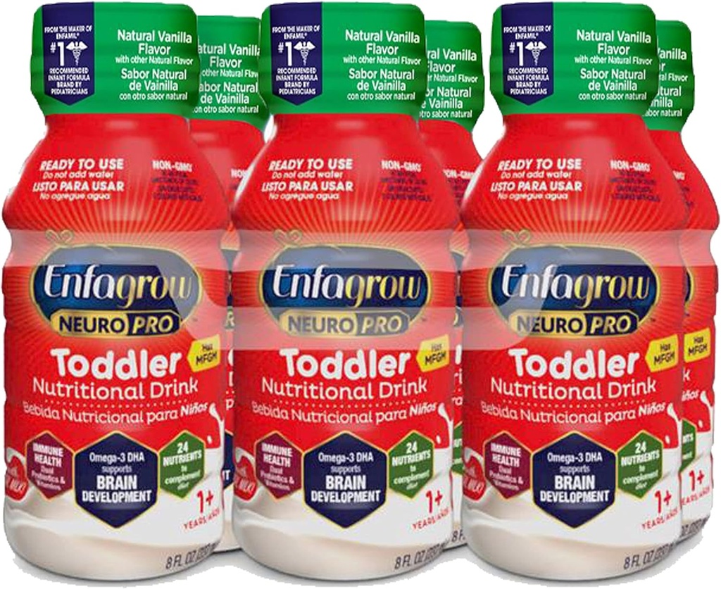 Enfagrow NeuroPro Toddler 营养饮料,香草Flavor,Omega-3 DHA 支持大脑,预生和维生素促进免疫健康,准备使用瓶,8 Fl Oz, 6 Counter