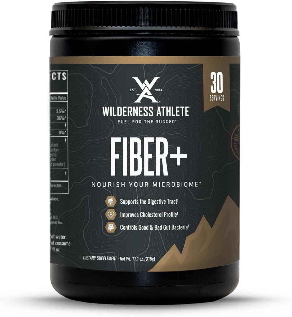 Wilderness Athlete Fiber+ QQ 女性和男性的溶性与不溶性纤维补充剂 - 用于消化性支持的预生纤维粉 - 每日饮用混合剂 - 饮食不味