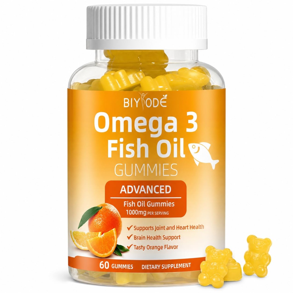 Omega-3 鱼油补充品:纯1000mg Omega-3 Gummys 支持心脏联合眼脑免疫健康 60 Gummys 30日供应