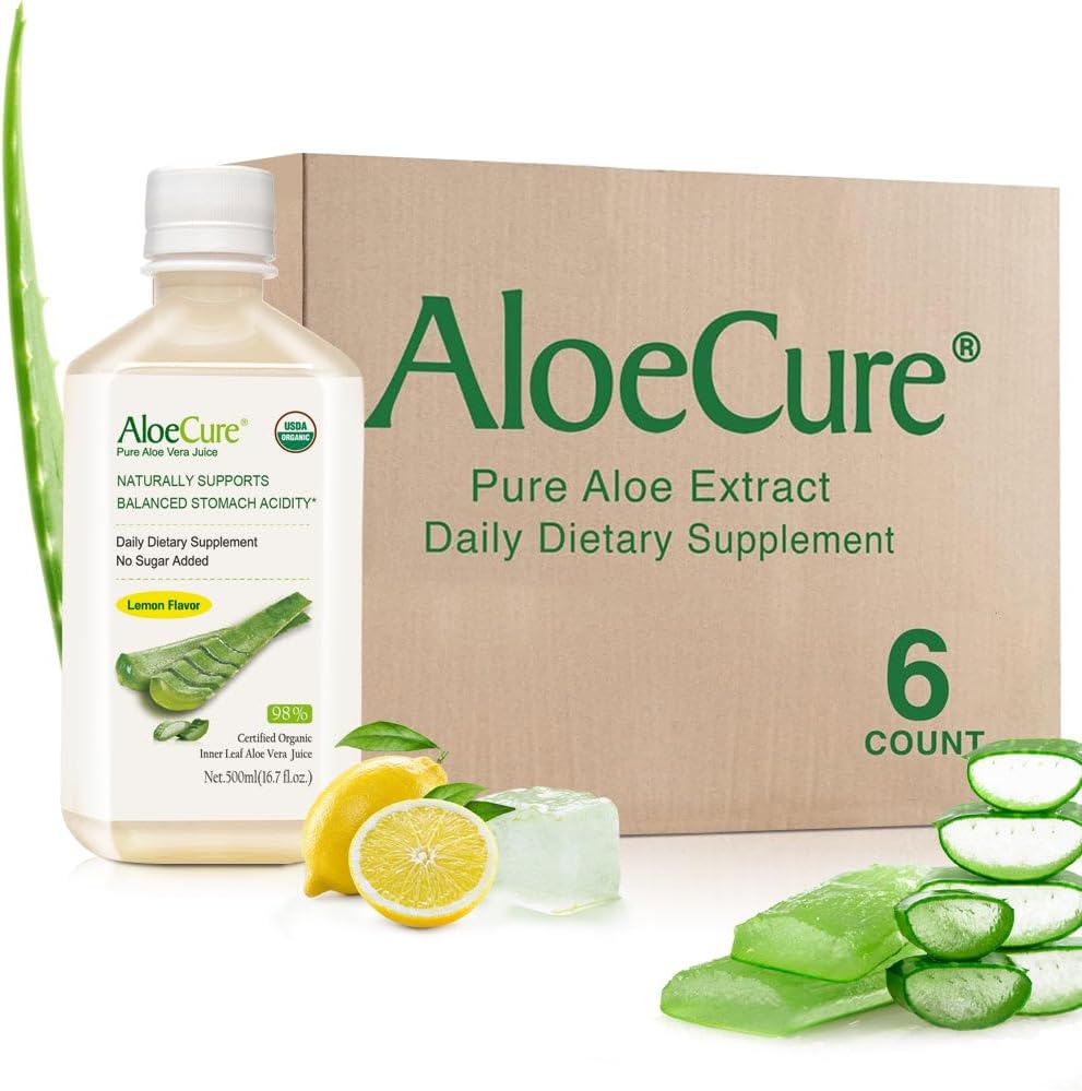 AloeCure USDA 有机Aloe Vera Juice Lemon Flavor - 在收获12小时内制作 - 平衡胃酸的自然消化补充 - 支持消化和免疫健康,6 Btls x 16.7oz