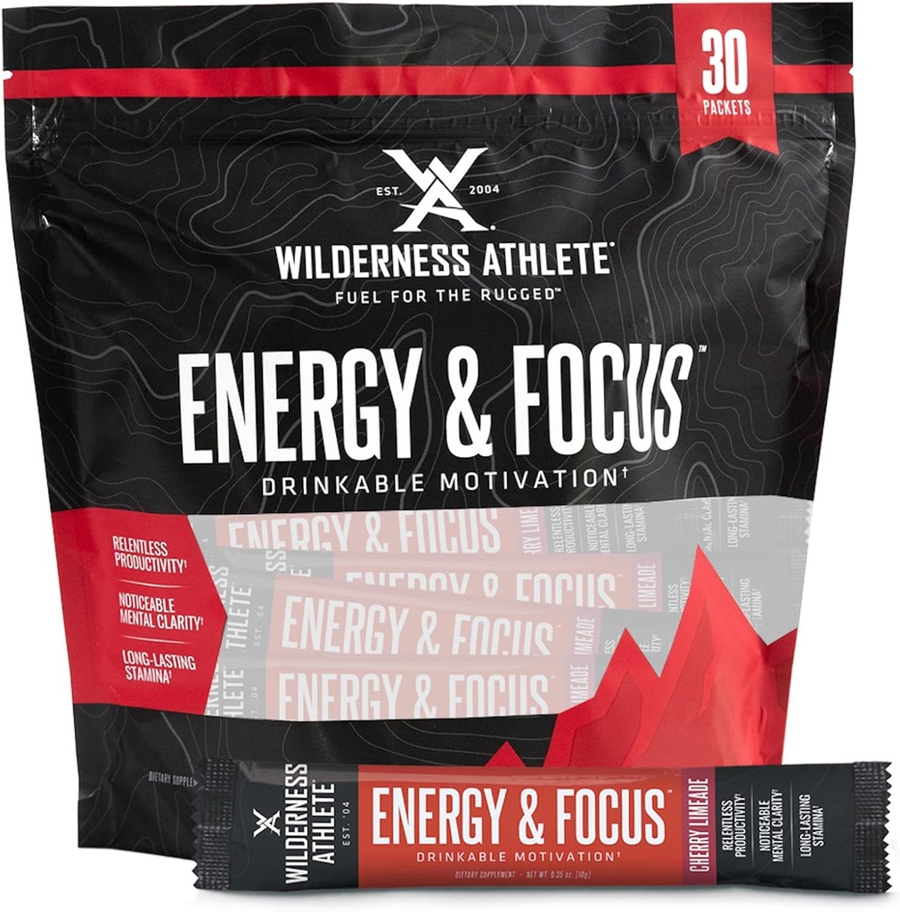 Wilderness Athlete - Energy & Focus 男女能源促进器 - Energy Drink 混合天然咖啡因 - 低卡,零糖能 饮料粉 - 30 service Energy Drinking Packets (Cherry)