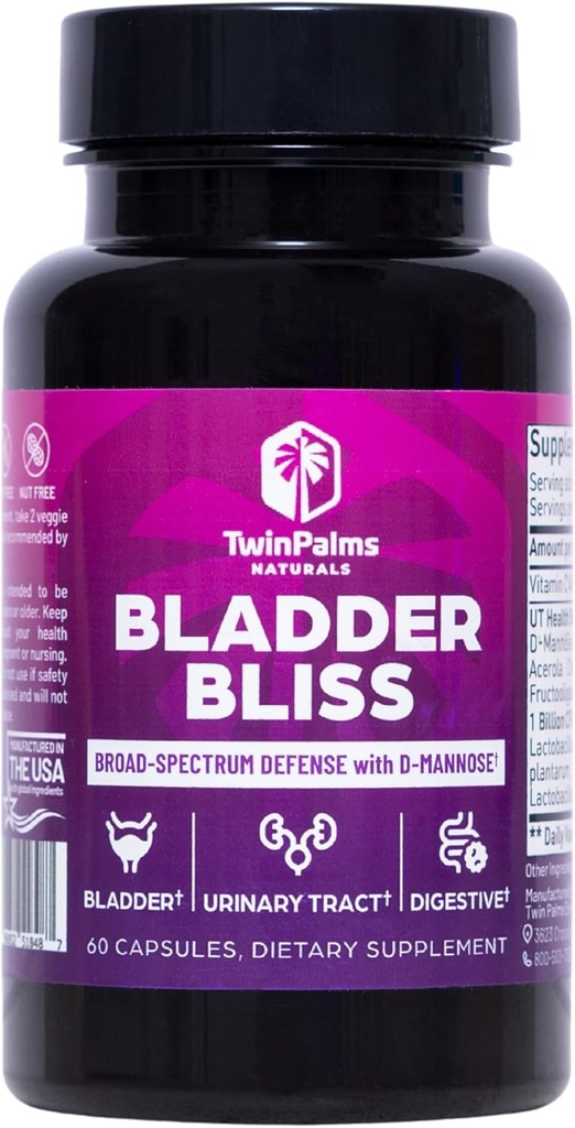 Bladder Bliss:高级Cranberry补充剂和D-Mannose公式,用于妇女尿道切除手术、非GMO、无Gluten、Vegan Capsules、快速救援和UTI预防、Bladder支助,60Ct