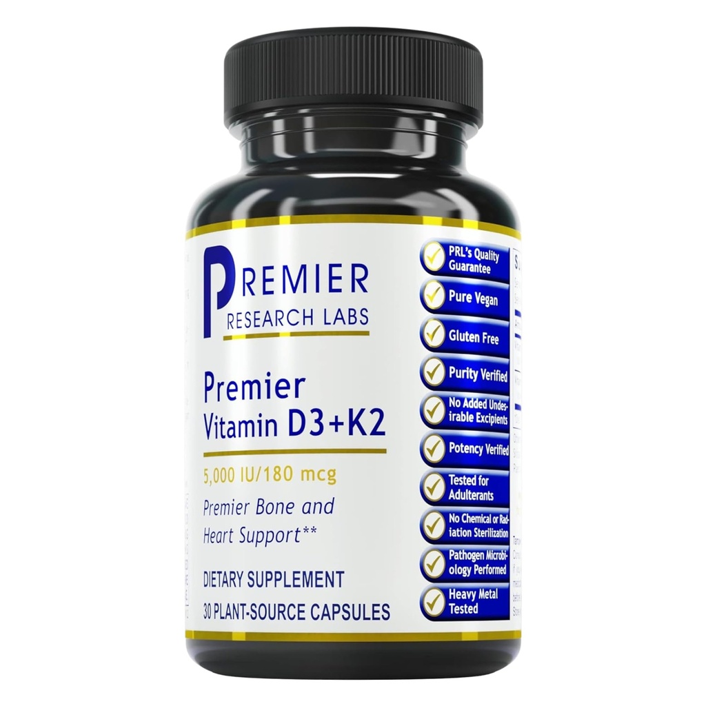 Prime Research Labs:维生素D3 + K2 补充剂 - 用于骨骼支持和促进心脏健康,Gluten-free - 5000 IU Vegan 补充剂 - 测试质量 → 30 植物源基卡普尔