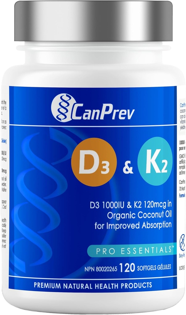 CanPrev D3 & K2 维生素 120 Softgel, 120天供应, 1000IU 维生素 D3 & 120mcg K2, 支持坚固的骨头, 牙齿和心脏健康, 易与有机椰油, 无 GMO, Gluten, Soy, 奶制品