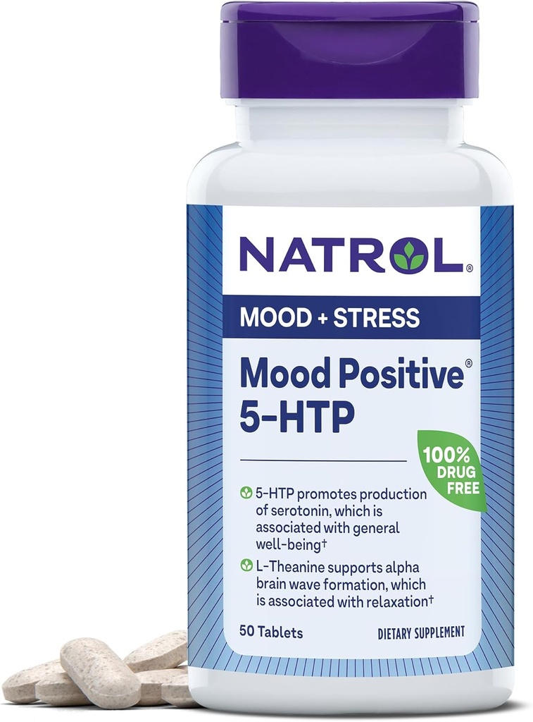 Natrol Mood阳性5-HTP和L-Thenine促进平衡的Mood和放松,50片,最多50天的供应