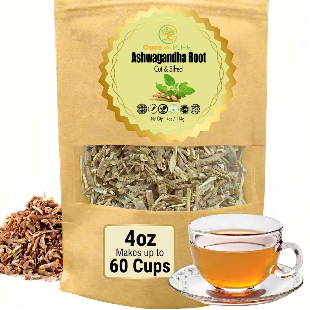 Cure wid Pure 认证有机阿斯瓦甘达根茶 切和筛 4oz 非GMO 非辐照的阿斯瓦甘达根茶 供男女使用 适应性健康 维塔尼亚·索姆尼费拉 草药灌注和卡普苏莱斯