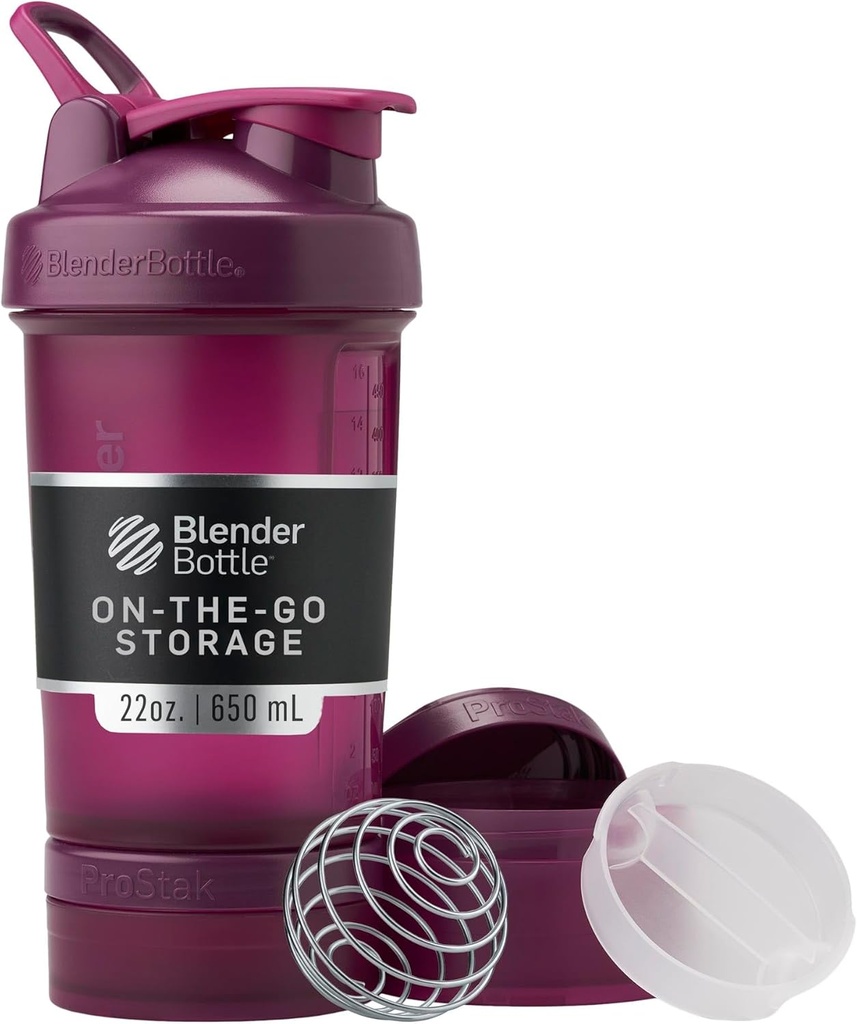 BlenderBottle 摇摆瓶配有 Pill 组织器和蛋白粉存储器,经典 V2 ProStak系统,22-Ounce, Plum