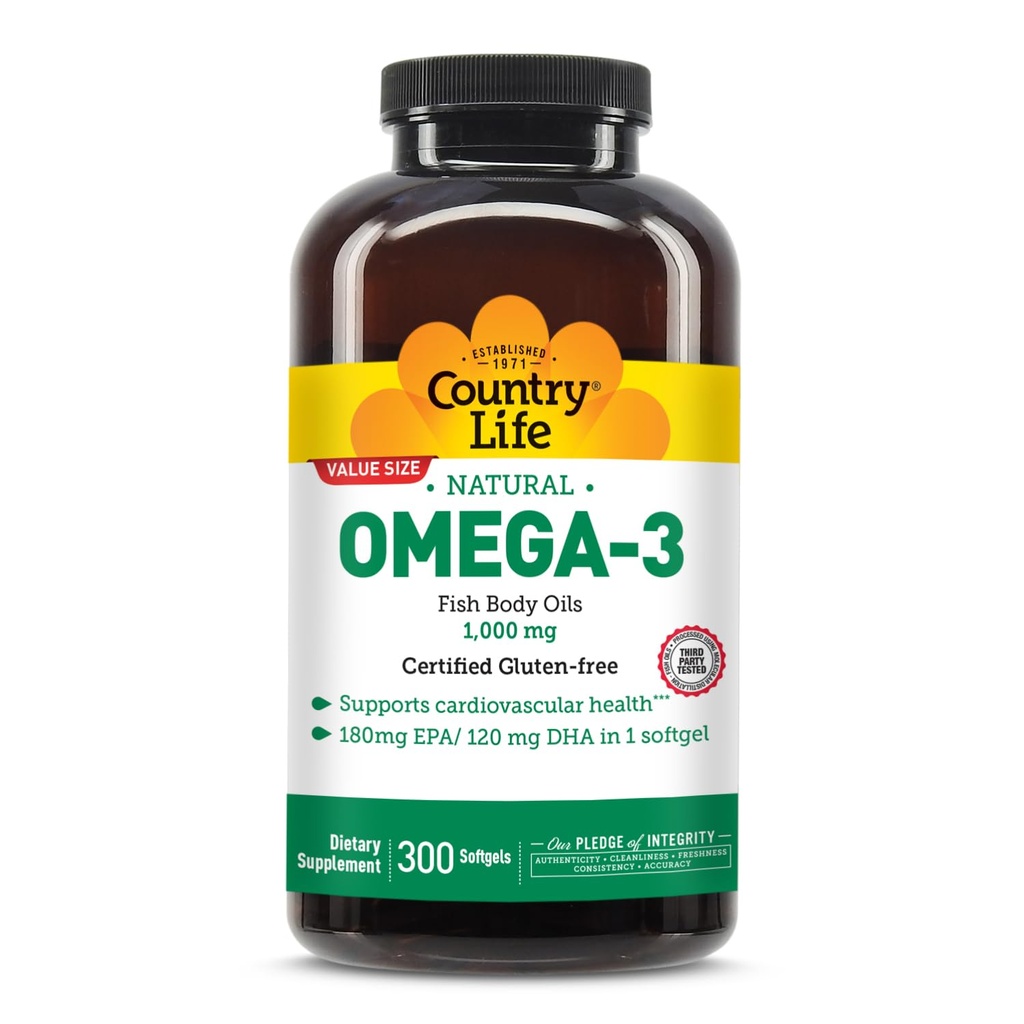 国家生活Omega-3 鱼油补充剂,1000mg,180mg EPA & 120mg DHA,鱼油集中,Burpless,300 Softgels,认证为无胶