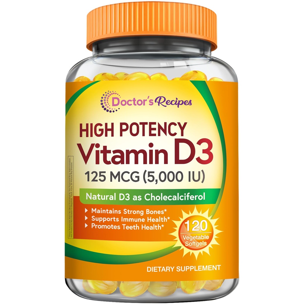 医生的维生素D3 5000IU, 对骨骼、牙齿和免疫功能的免疫支持,非GMO, No Gelatin, Gluten 或 Soy, 120蔬菜软胶