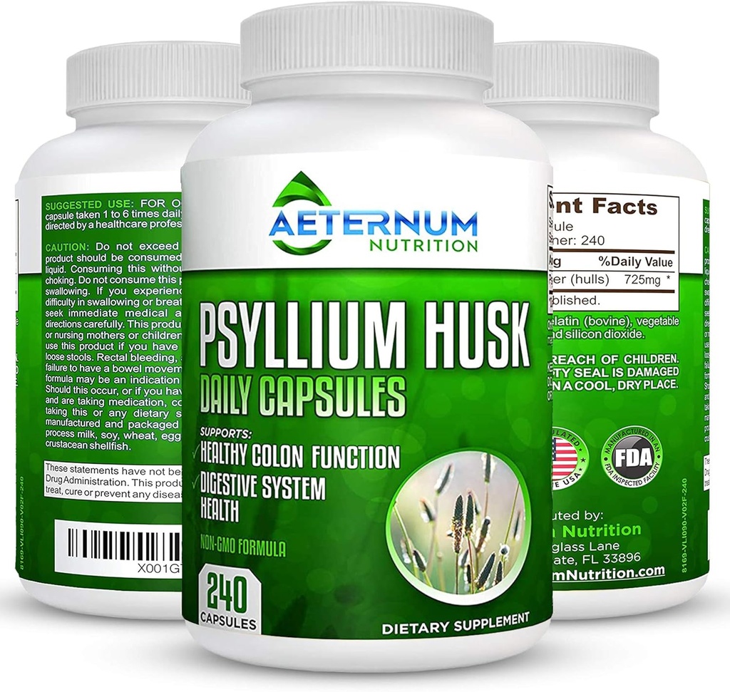 Aeternum Psyllium Husk Caps America Made - Premium all Natural Fiber 补充 - 240 胡斯克粉末 Capsules 725 Mg / service,支持健康消化系统 - 所有天然100%可溶性