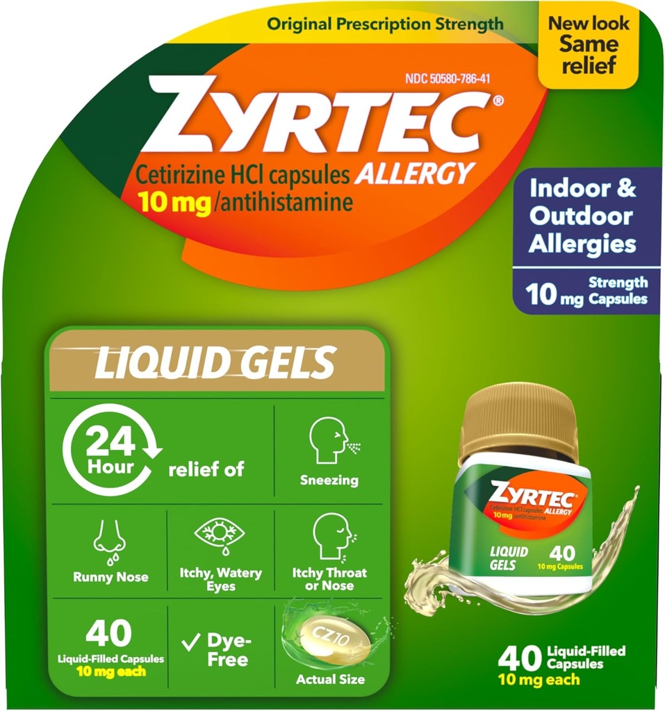 Zyrtec 24小时过敏反应液盖,抗希斯坦胺Capsules 配有Cetirizine HCl过敏药物,用于从Runny Nose,喷嚏,Ichy Eyes & More 的全天抗药,40个计数
