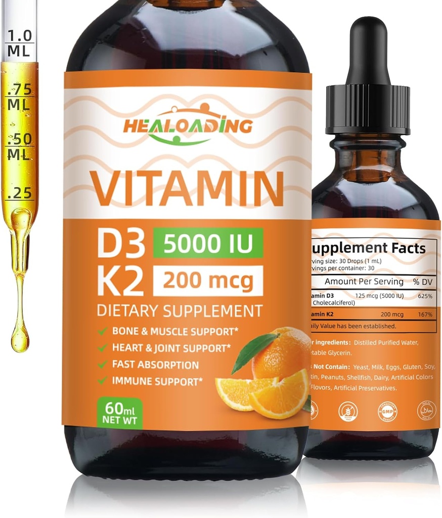有机维生素D3 + K2 滴水: 5000 IU 厂制 D3 和 200mcg K2 液体补充剂 QQ 快速吸收用于免疫支持,骨保健和心脏护理 QQ Vegan,非GMO(30ml)