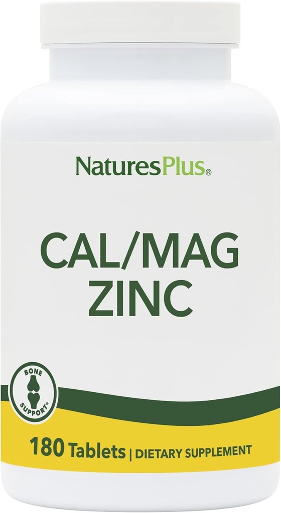 NaturesPlus Cal/Mag/Zinc - 1 000毫克钙,500毫克镁,75毫克锌 - 180 植物药片 - 多矿物补充剂,支持骨骼,心脏和免疫健康 - Gluten-Free - 45 服务